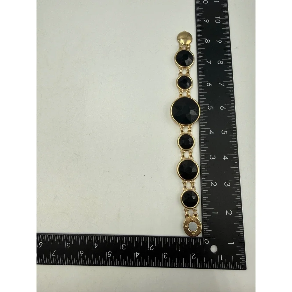 Gold Tone Black Faceted Stone Magnetic Clasp Statement Link Bracelet 8.5 Inch